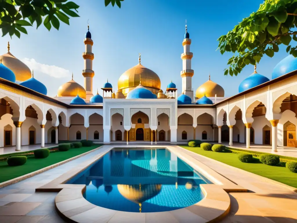 Mezquita Sufi: Armonía Espiritual y Precisión Matemática Una hermosa imagen fotorealista de una mezquita sufí tradicional bañada en luz dorada, con patrones geométricos adornando las paredes y cúpulas