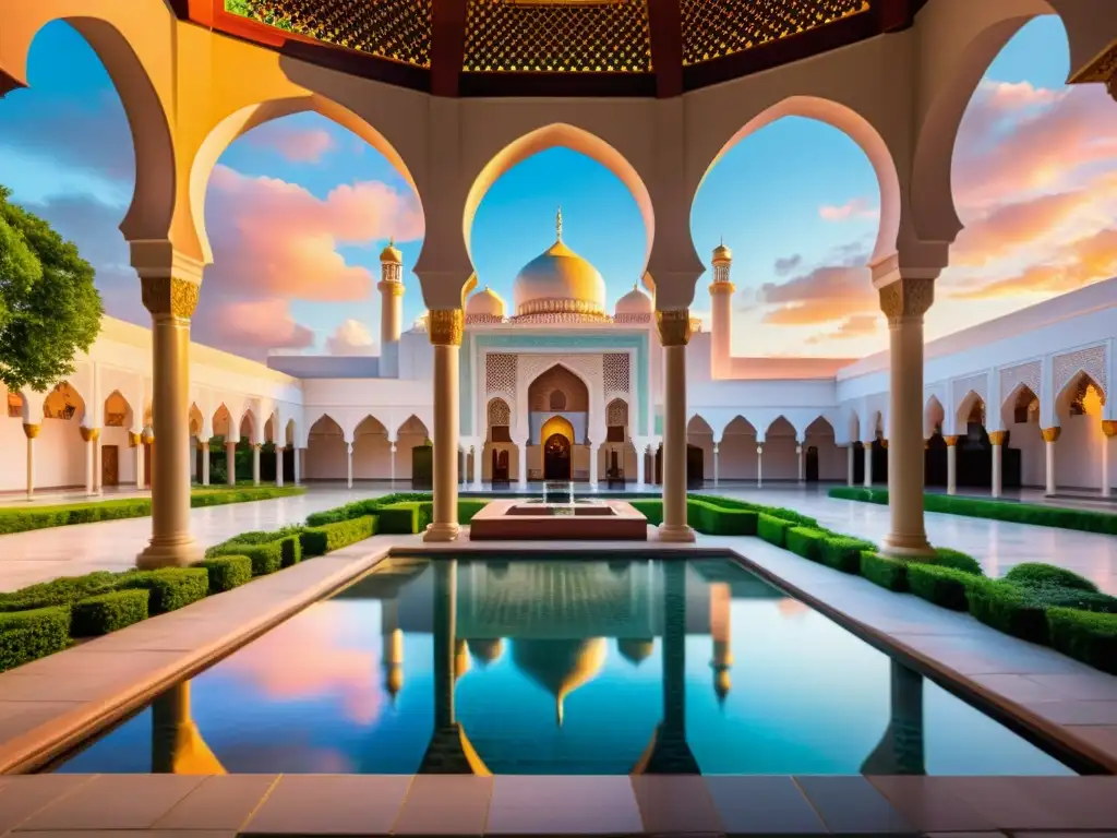 Una hermosa imagen fotorealista de un sereno patio de mezquita al atardecer, con patrones geométricos y colores vibrantes en las ventanas de cristal