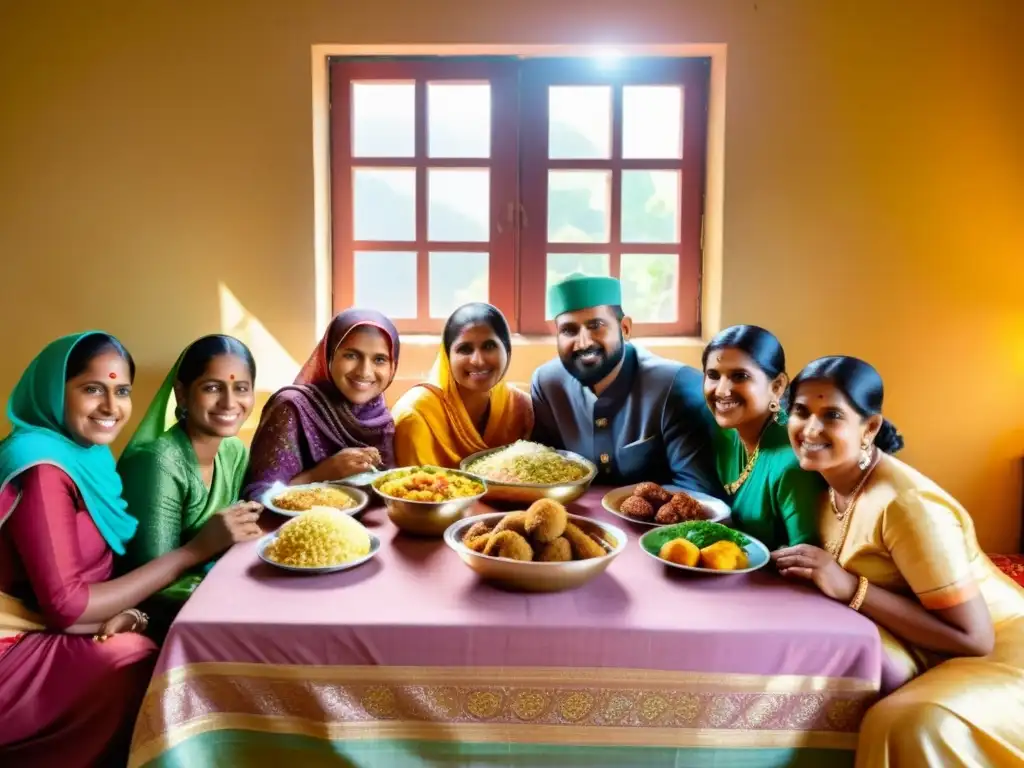 Una hermosa imagen fotorealista de una tradicional familia musulmana Beary en Karnataka, India, disfrutando de una comida juntos