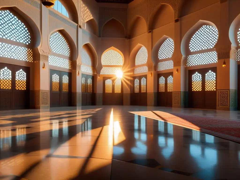 Una hermosa imagen fotorealista de un tranquilo patio de mezquita al atardecer, con patrones geométricos adornando las paredes y el suelo