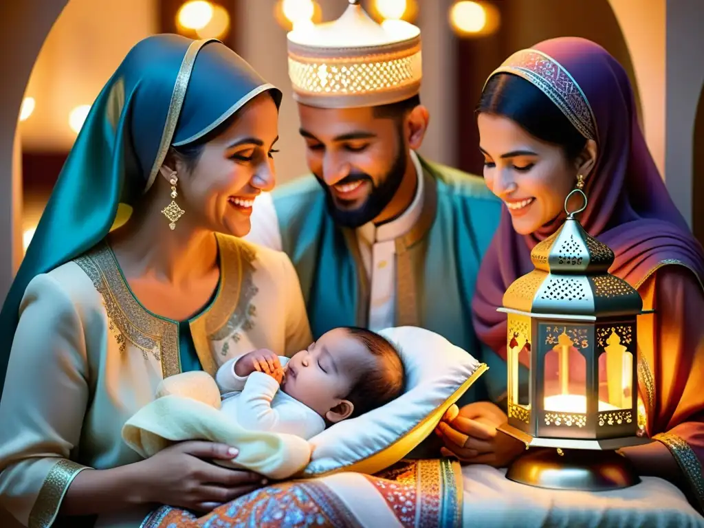 Una hermosa imagen realista de un ritual musulmán de La Tahnik, con una familia reunida alrededor de una cuna bellamente decorada