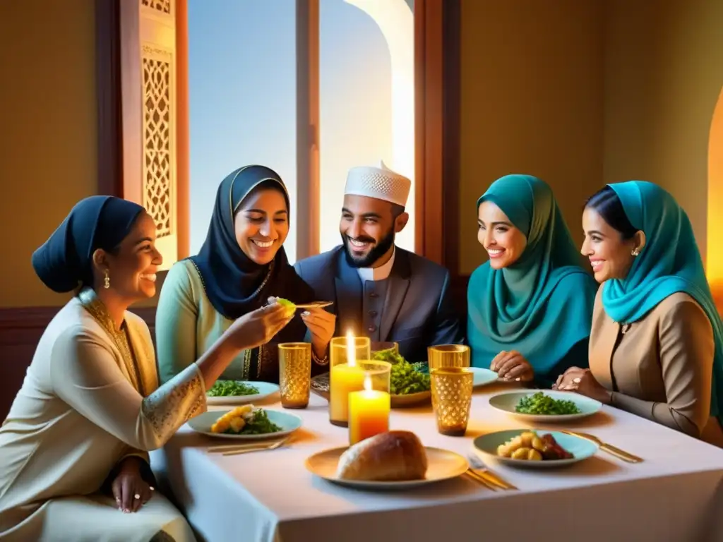 Una hermosa pintura detallada de una familia musulmana multigeneracional reunida alrededor de una mesa de cena, creando una atmósfera cálida y serena