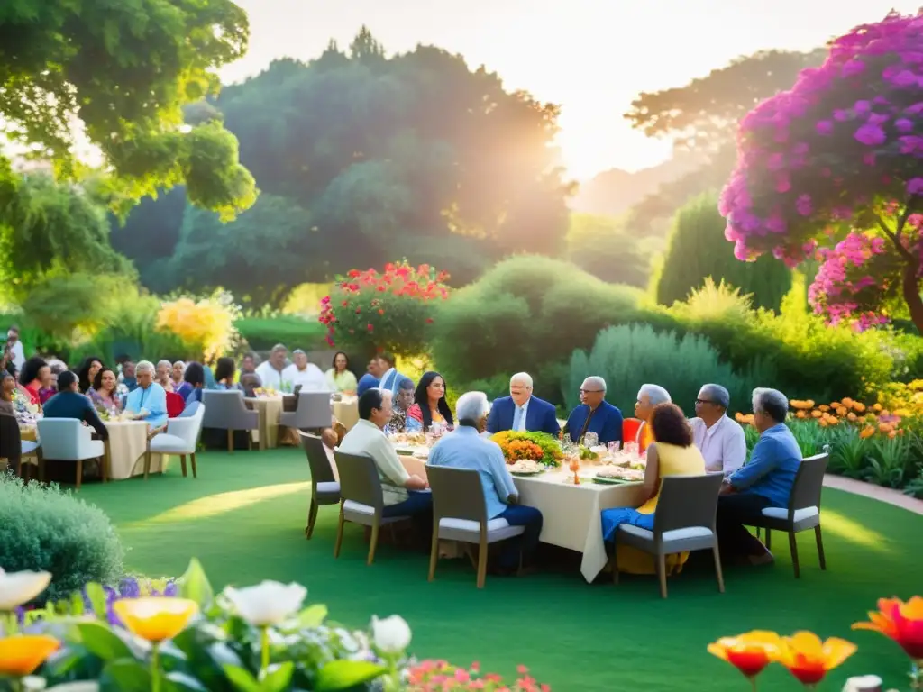 Una hermosa reunión de la comunidad bahá'í, reflejando la diversidad étnica y cultural en un jardín vibrante