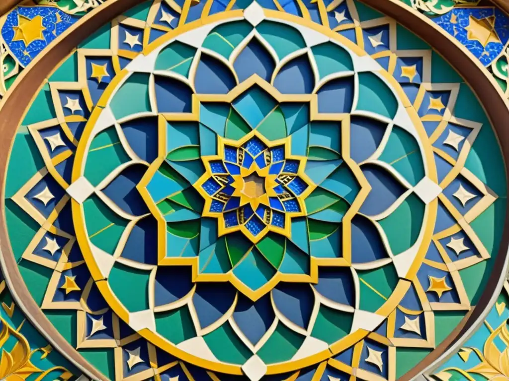 Mosaico islámico: belleza matemática y cultural Una hermosa representación visual de la belleza de la matemática islámica en un mosaico de azulejos en un edificio histórico, con colores vibrantes y patrones precisos