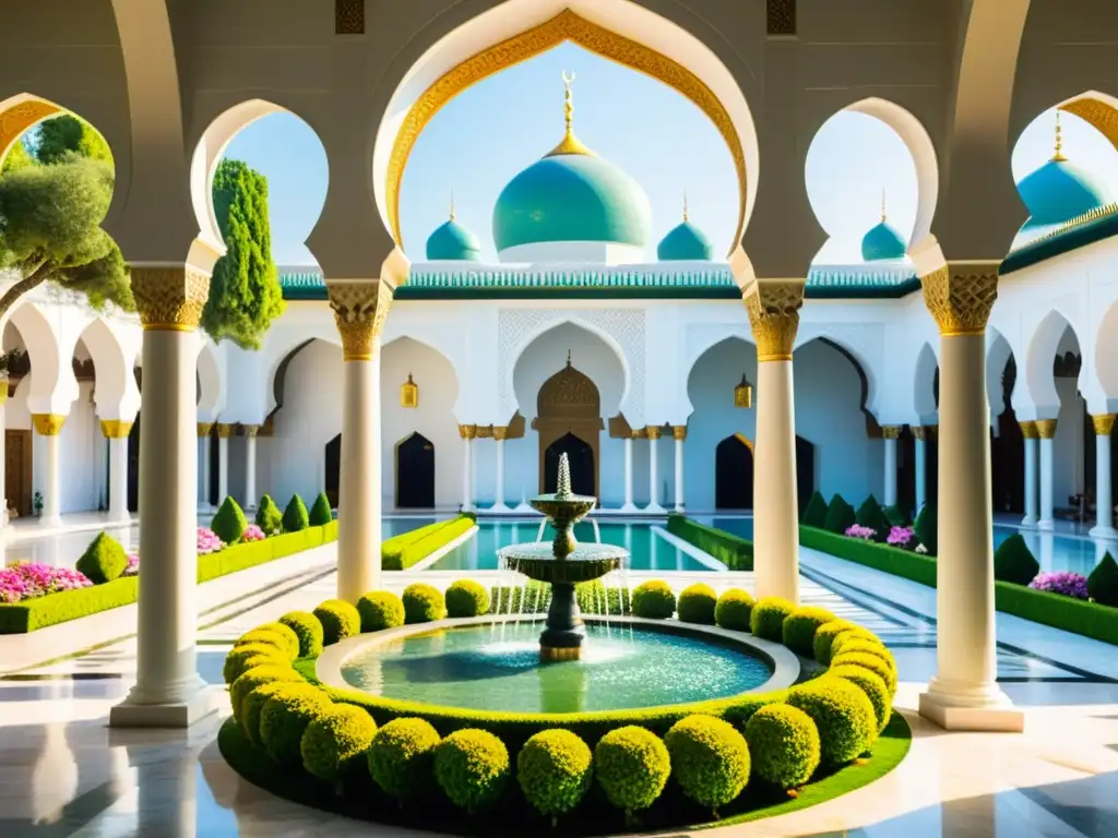 Hermoso jardín en la arquitectura de una mezquita, con flores vibrantes, senderos de mármol y pavos reales