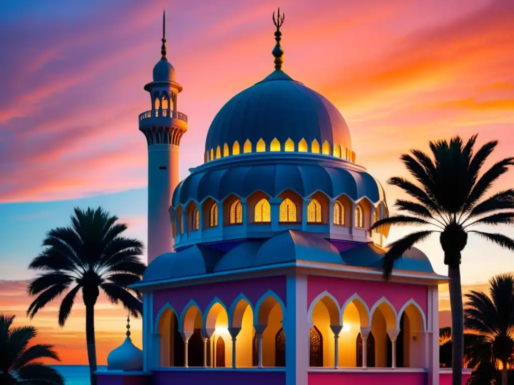 Mezquita caribeña al atardecer: fusión espiritual y belleza tropical Un hermoso atardecer caribeño con una mezquita islámica, destacando el legado islámico en el Caribe