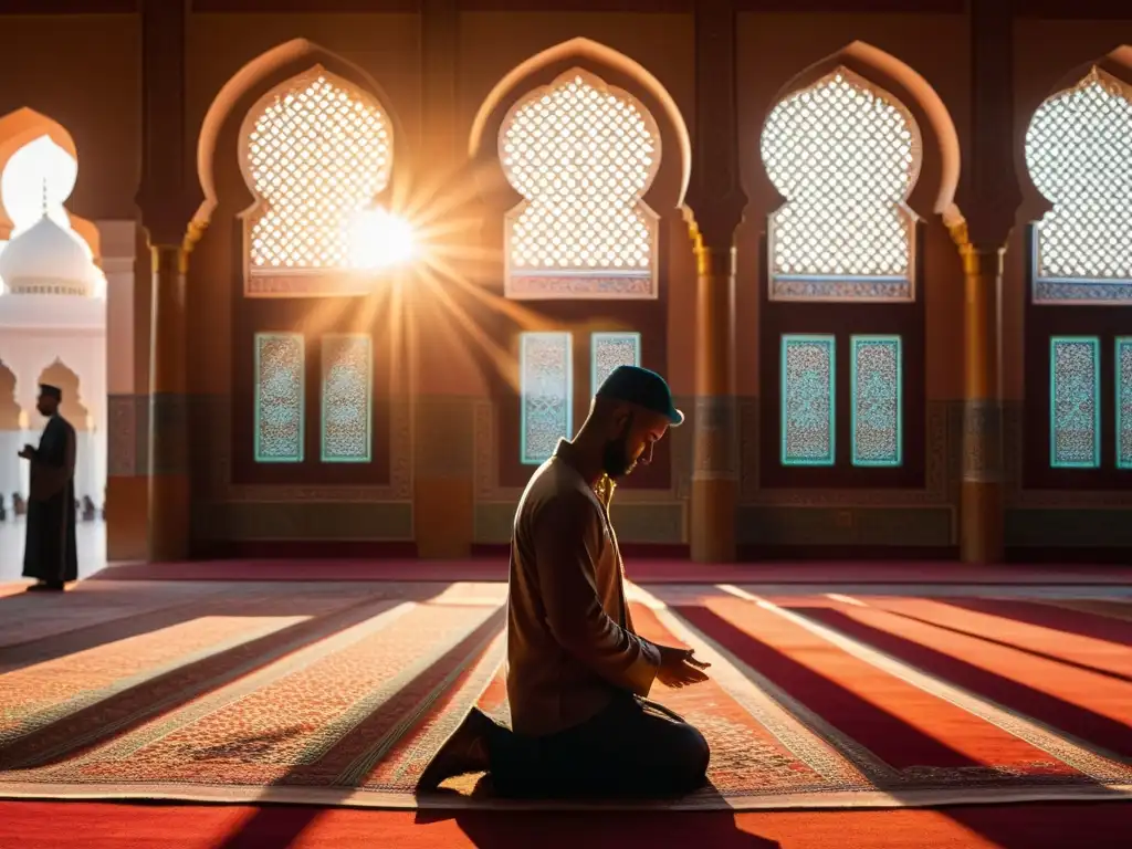 Un hermoso atardecer ilumina el interior de una mezquita, donde fieles rezan en silueta