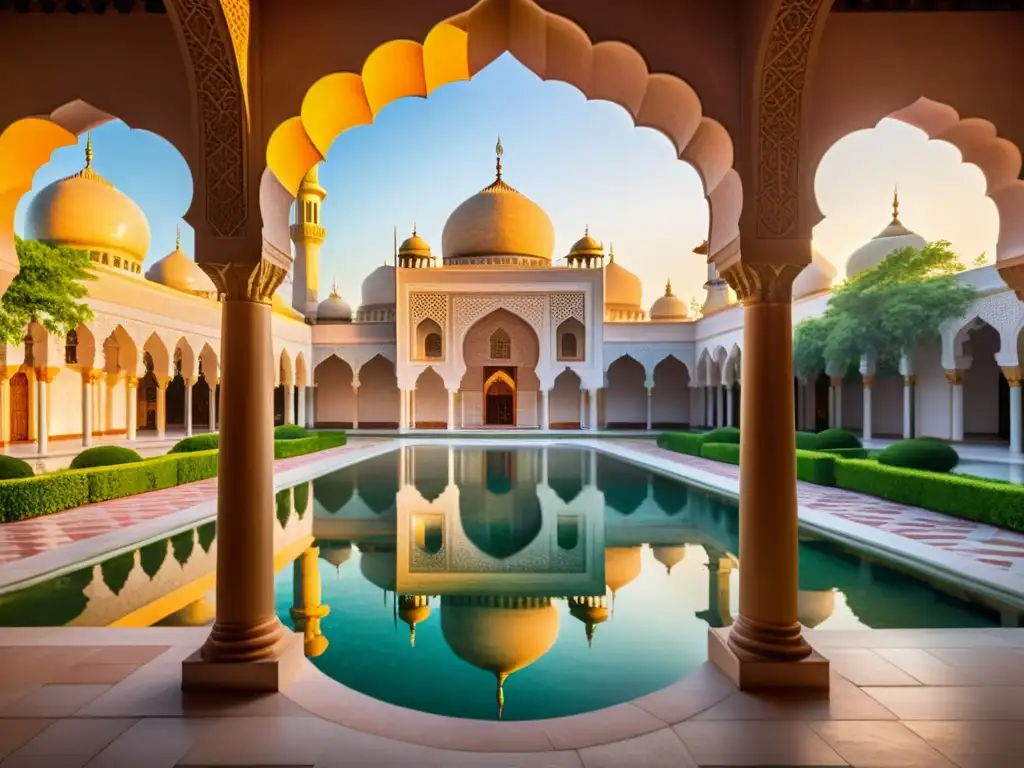 Un hermoso cuadro fotorealista de un patio de una mezquita al atardecer, con patrones geométricos, vegetación exuberante y una serena piscina reflectante