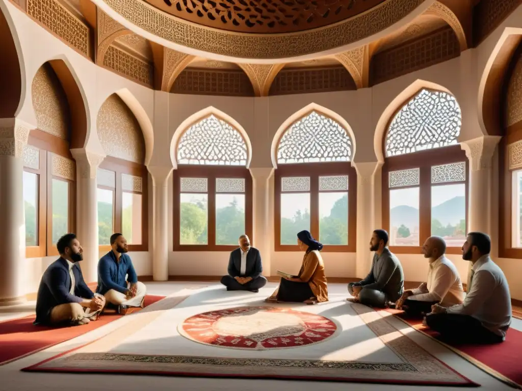 Un hermoso y detallado cuadro fotorealista muestra a personas de diversas culturas dialogando en una mezquita