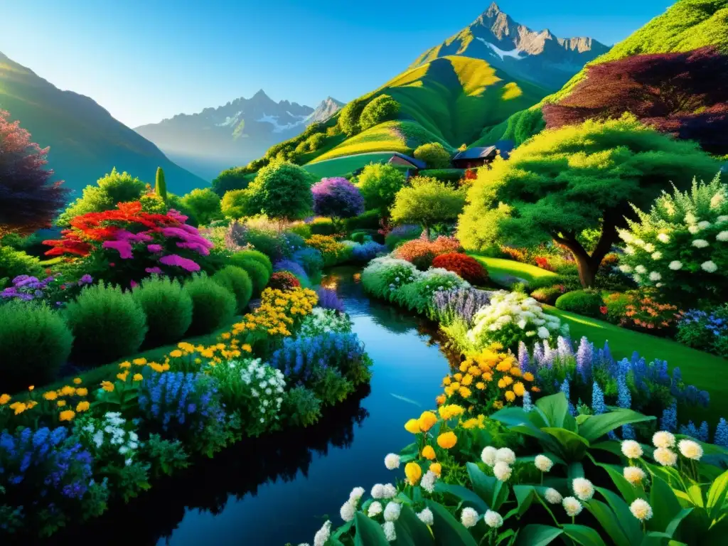 Un hermoso jardín con flores coloridas en plena floración, senderos serpenteantes y una corriente de agua