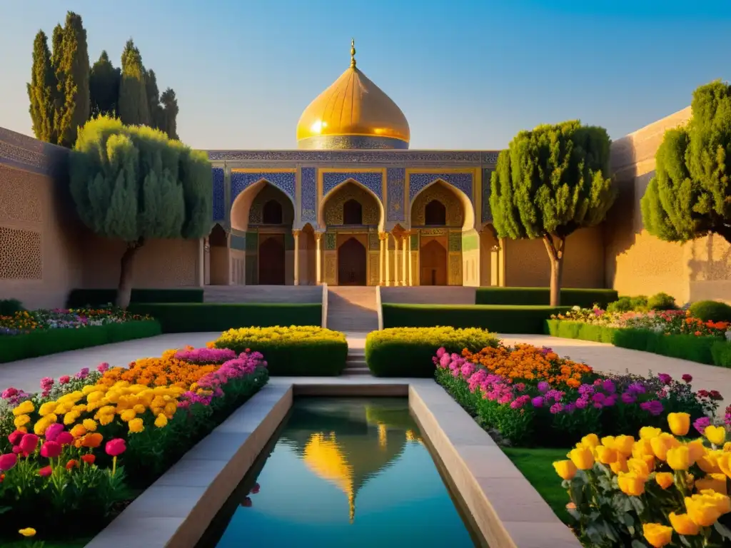 Hermoso jardín persa con flores vibrantes, un arroyo y el mausoleo de Hafez de Shiraz, evocando la poesía y el sufismo