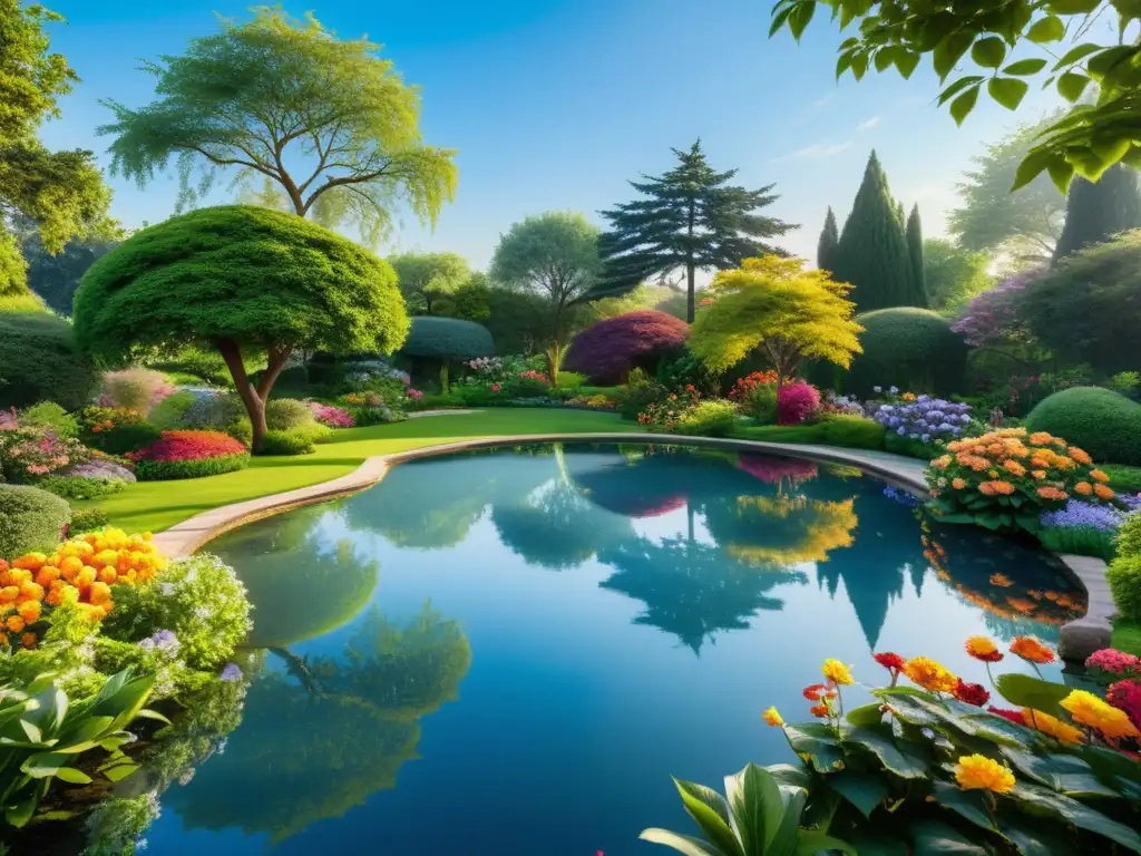 Jardín tranquilo con arte islámico Un hermoso jardín con flores vibrantes y un estanque sereno, donde destaca una delicada metáfora islámica en poesía mundial