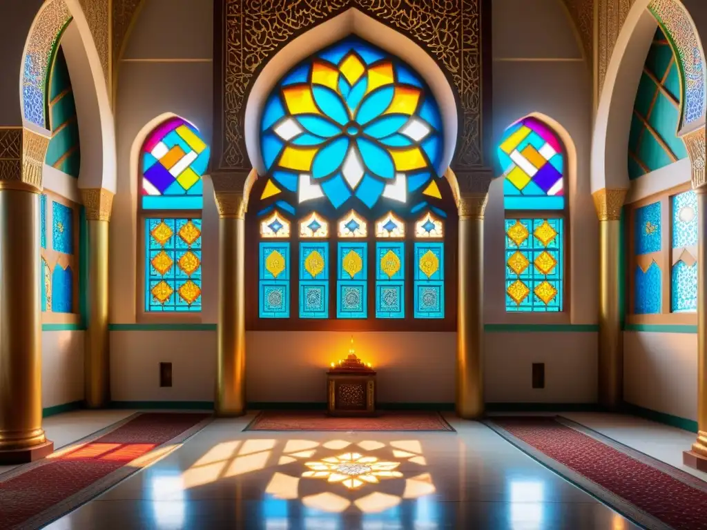 Un hermoso interior de mezquita con patrones geométricos, caligrafía ornamental y vitrales