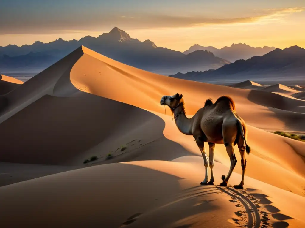 Un hermoso paisaje desértico al atardecer, con sombras largas en las dunas y una montaña majestuosa al fondo