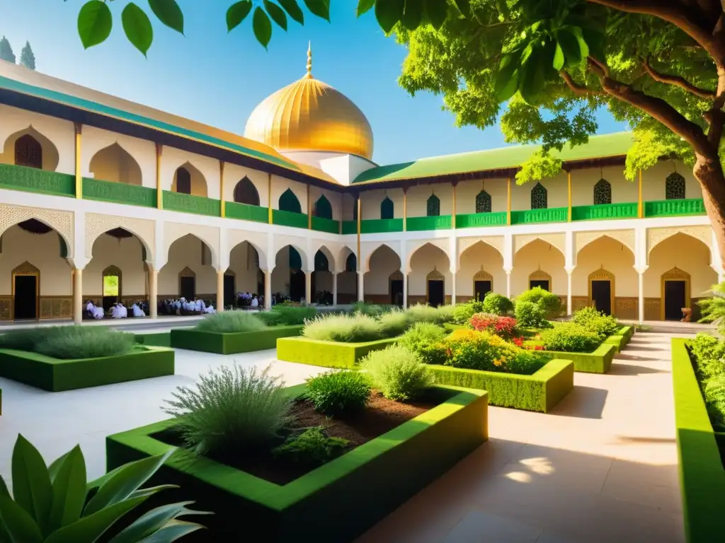 Un hermoso patio de mezquita con educación ambiental en mezquitas musulmanas, rodeado de exuberante vegetación y talleres sostenibles