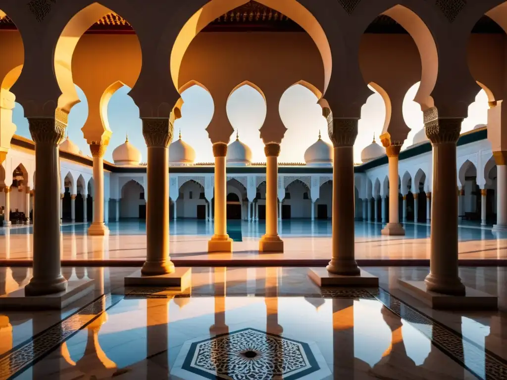 Un hermoso patio de mezquita al anochecer con arcos y columnas decoradas con caligrafía islámica, bañado por la cálida luz del sol poniente