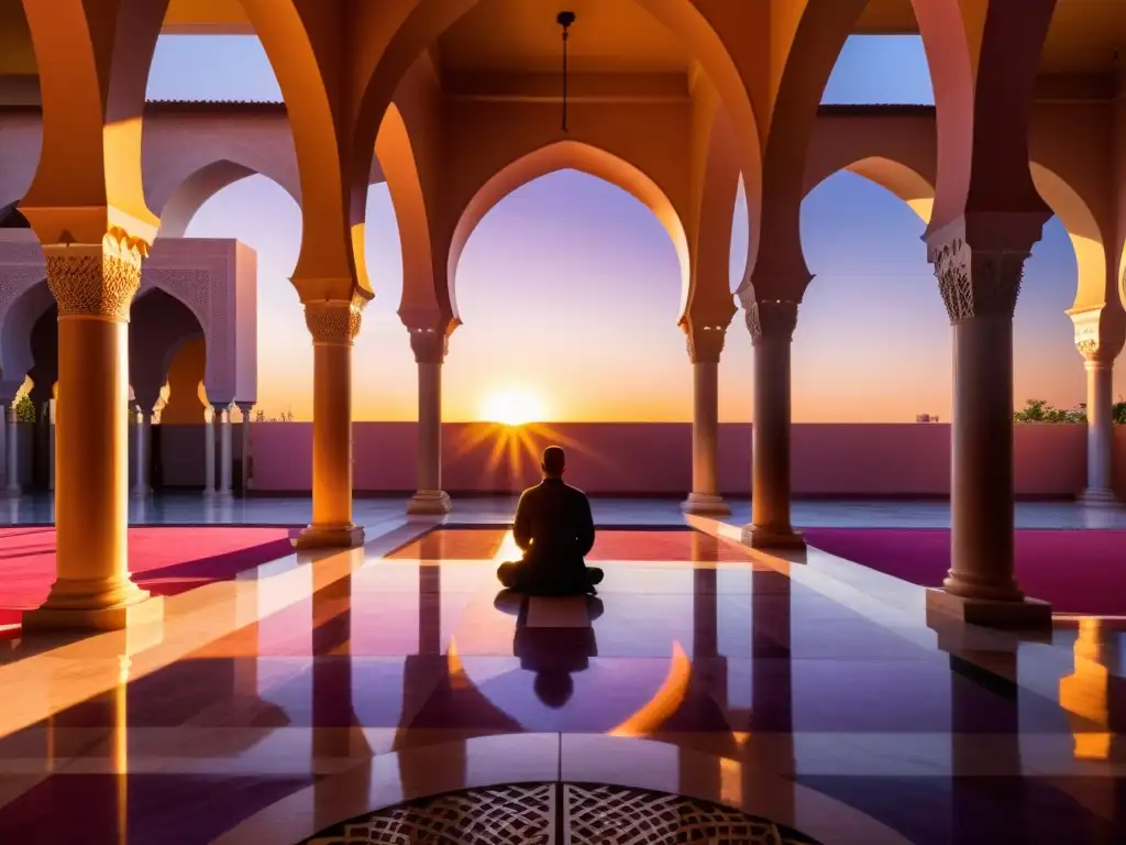 Un hermoso patio de mezquita al atardecer, con luz dorada cálida y una figura en oración, ideal para aplicaciones de oración para musulmanes