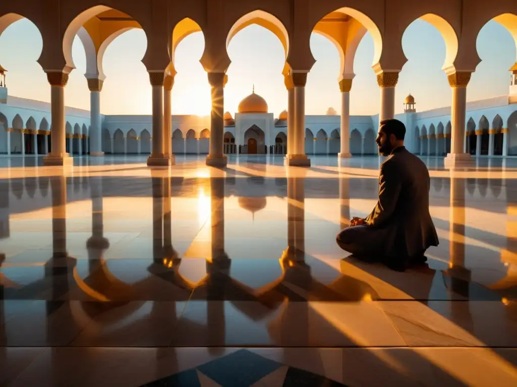 Un hermoso patio de mezquita al atardecer, bañado en luz dorada, con un ambiente sereno y espiritual durante la celebración islámica de Rabi al Awwal