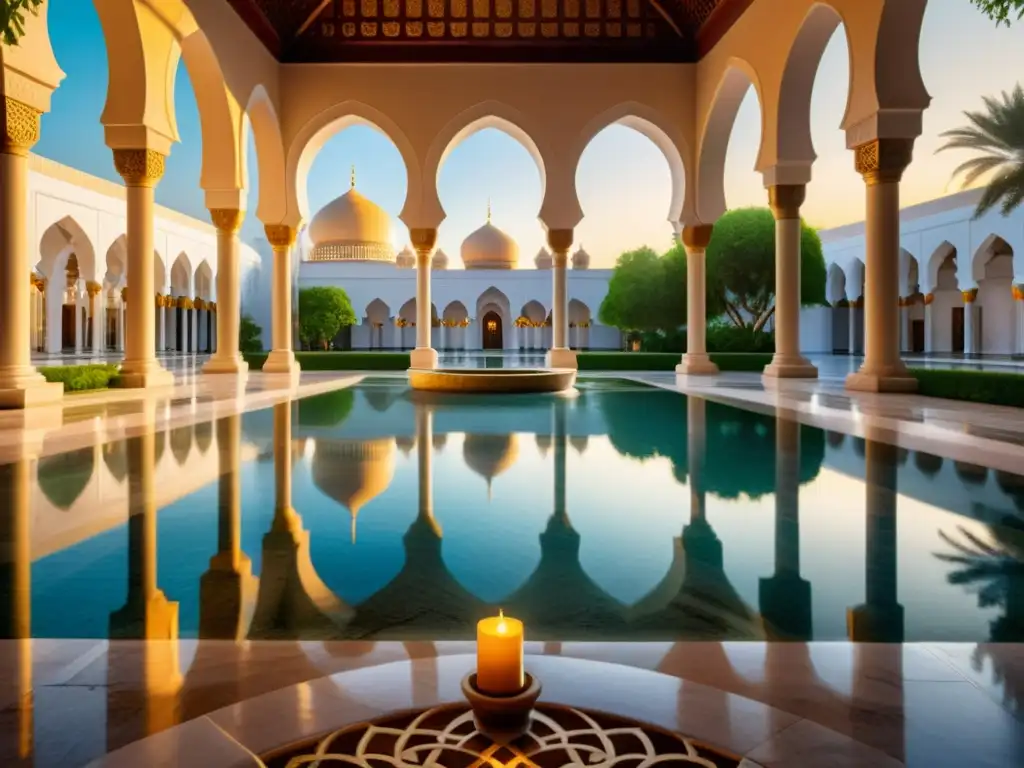 Un hermoso patio de mezquita al atardecer, con cálida luz dorada filtrándose por los arcos y creando patrones en el suelo de mármol