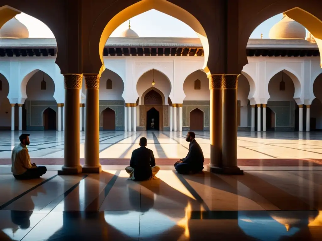 Un hermoso patio de mezquita al atardecer, con luz dorada filtrándose a través de los arcos y creando sombras intrincadas en el suelo de piedra