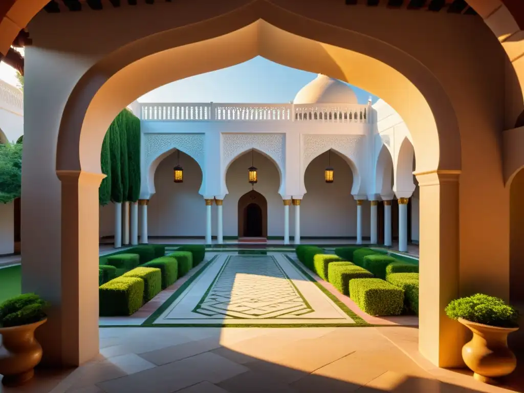 Un hermoso patio de una mezquita al atardecer, con patrones geométricos, vegetación exuberante y una atmósfera tranquila