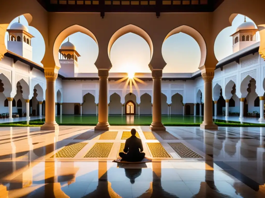 Un hermoso patio de una mezquita al atardecer, con patrones geométricos, luz suave y una serena atmósfera de amor y poesía islámica