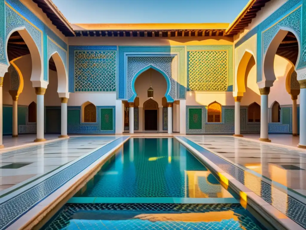 Un hermoso patio de una mezquita al atardecer, con patrones geométricos y una cálida luz dorada