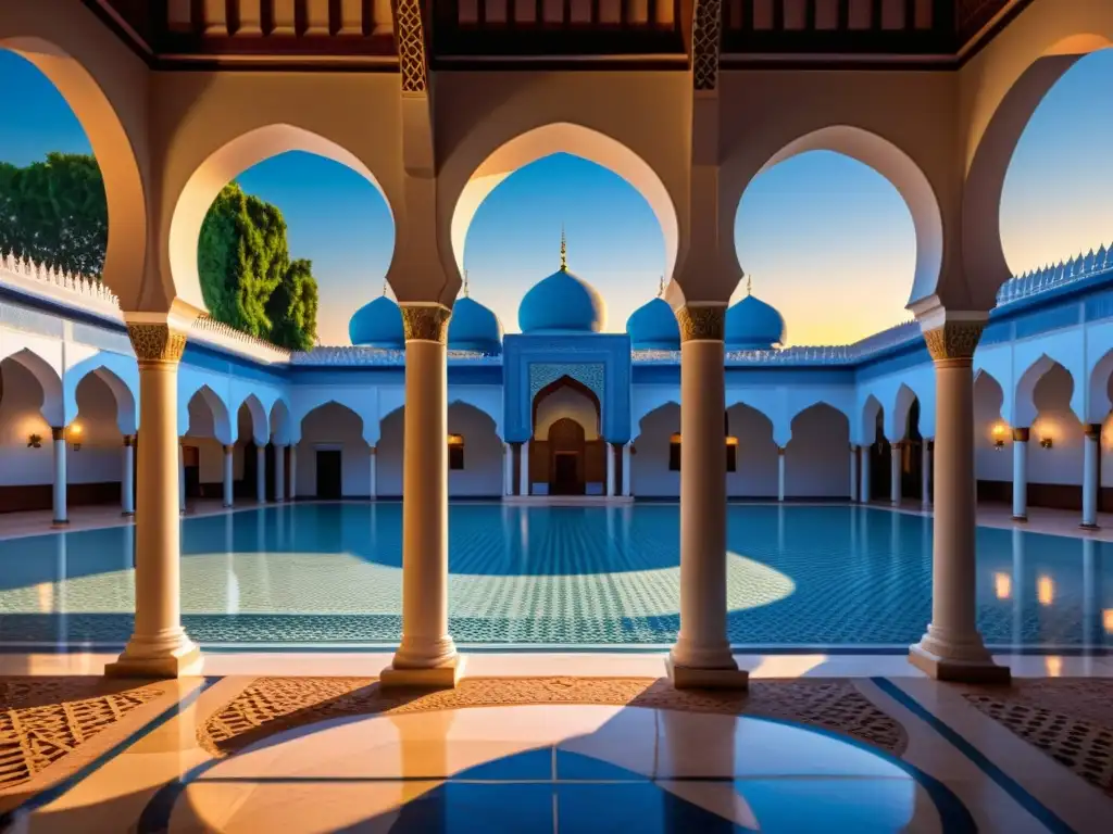 Un hermoso patio de mezquita al atardecer, con patrones geométricos, luz suave y ambiente sereno