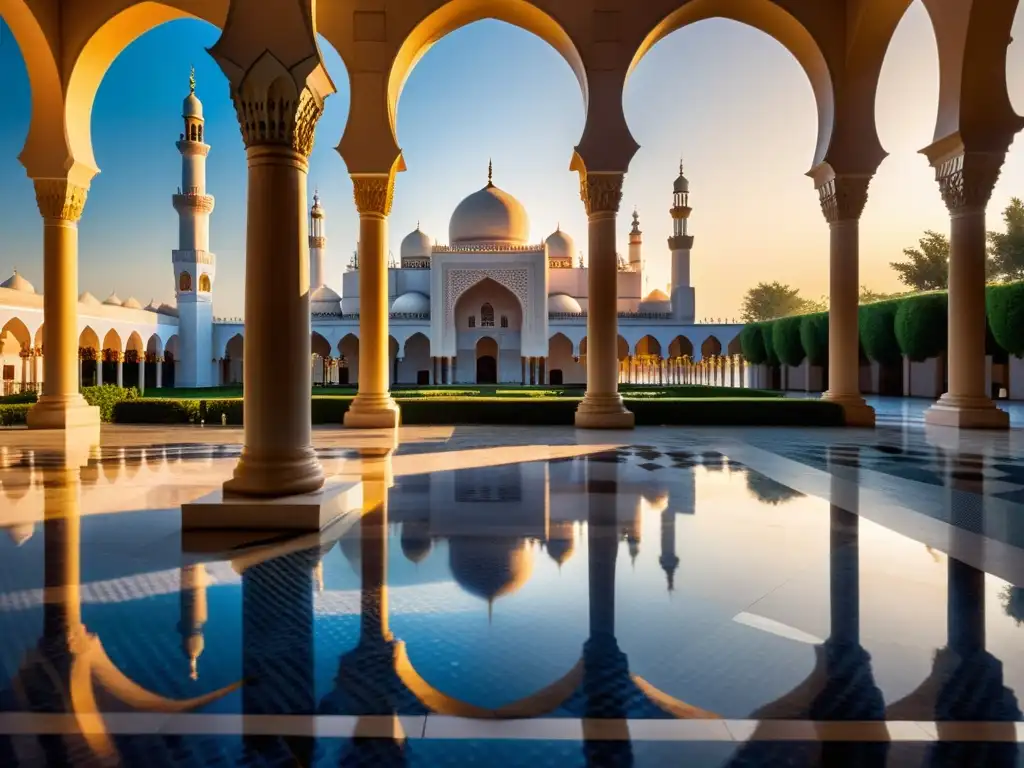 Un hermoso patio de mezquita al atardecer, con una atmósfera serena y cálida