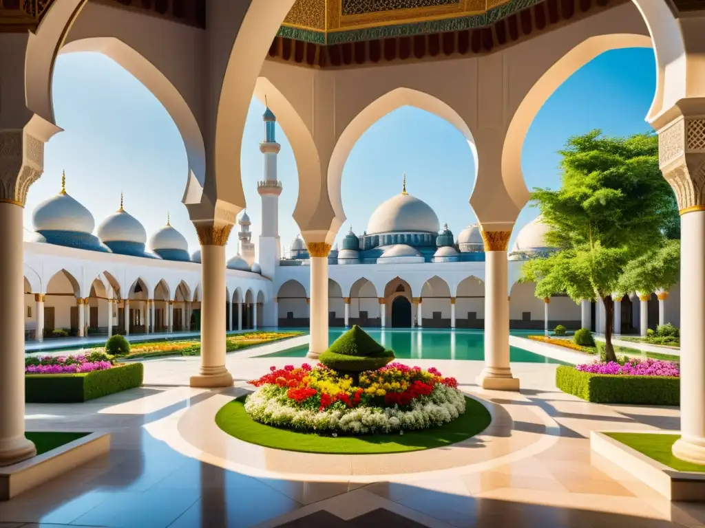 Un hermoso patio de mezquita bañado en cálida luz del sol, rodeado de exuberantes jardines y arquitectura islámica detallada