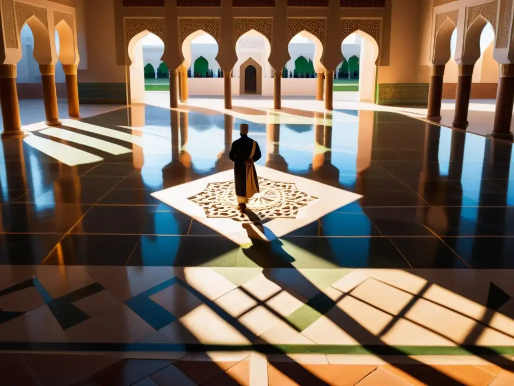 Un hermoso patio de mezquita bañado por la cálida luz del sol, con intrincados patrones geométricos