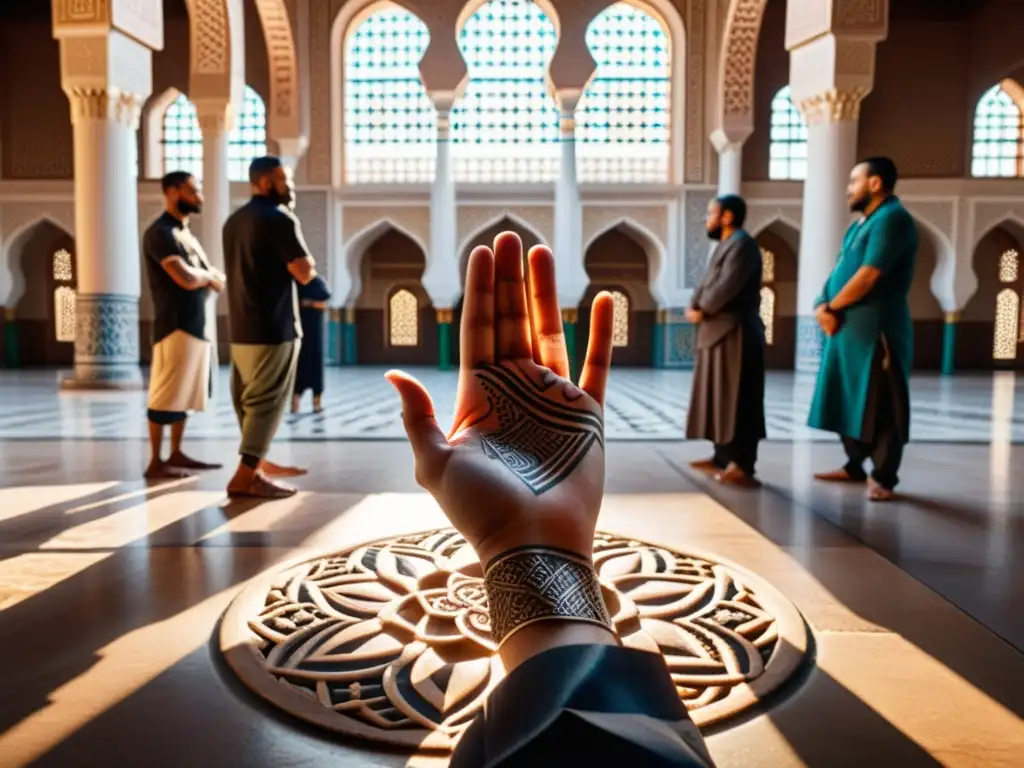 Un hermoso patio de mezquita con diseños geométricos, caligrafía y luz solar