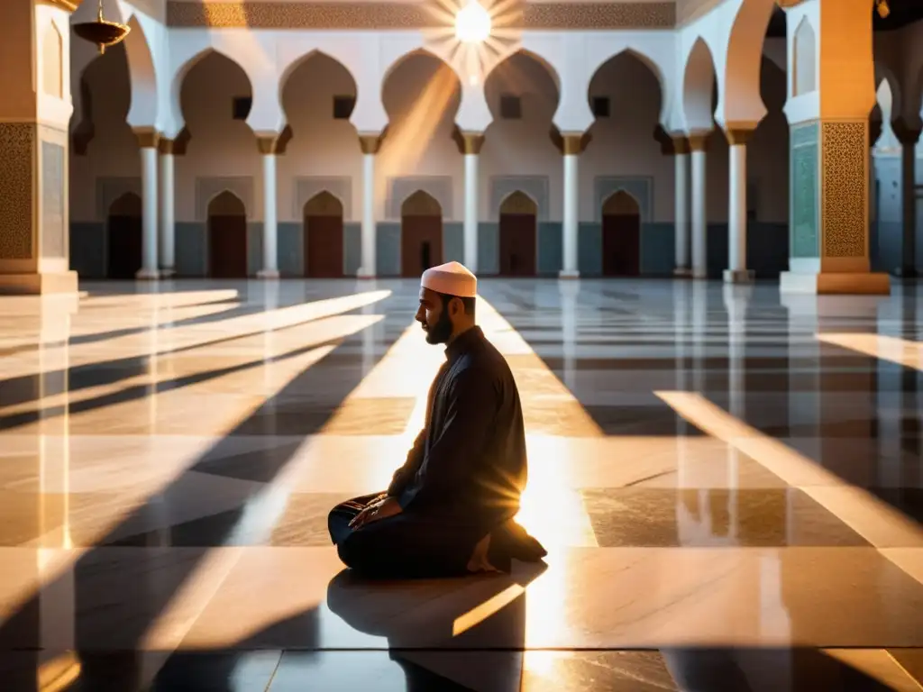 Un hermoso patio de mezquita iluminado por el cálido resplandor del sol poniente