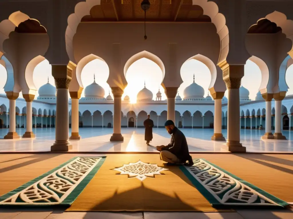 Un hermoso patio de mezquita al amanecer con prácticas devocionales en el Islam, generando serenidad y conexión espiritual