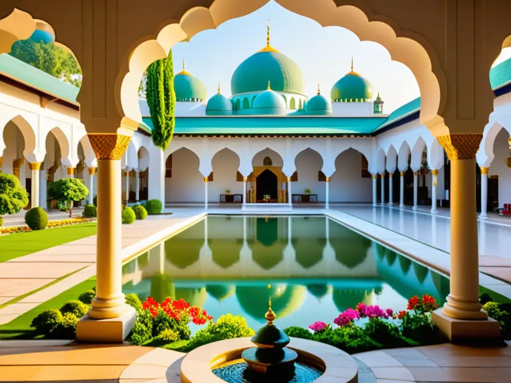 Un hermoso patio de mezquita con jardines verdes, flores vibrantes y una atmósfera serena