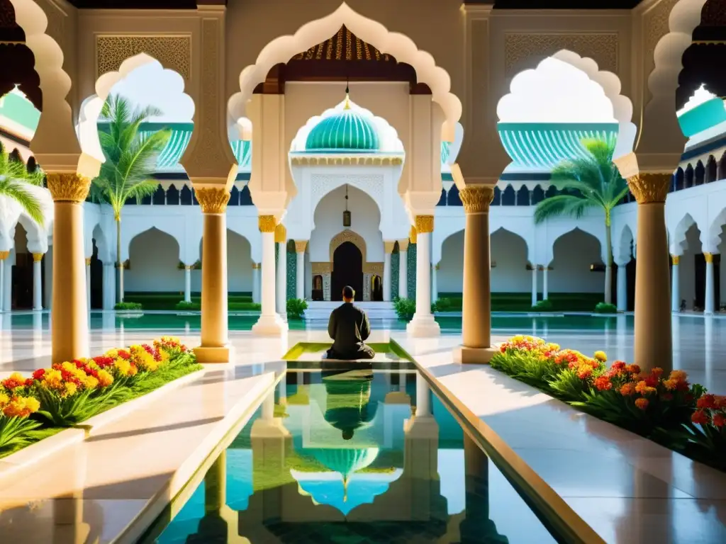 Un hermoso patio de mezquita con jardines verdes, palmeras y una piscina serena