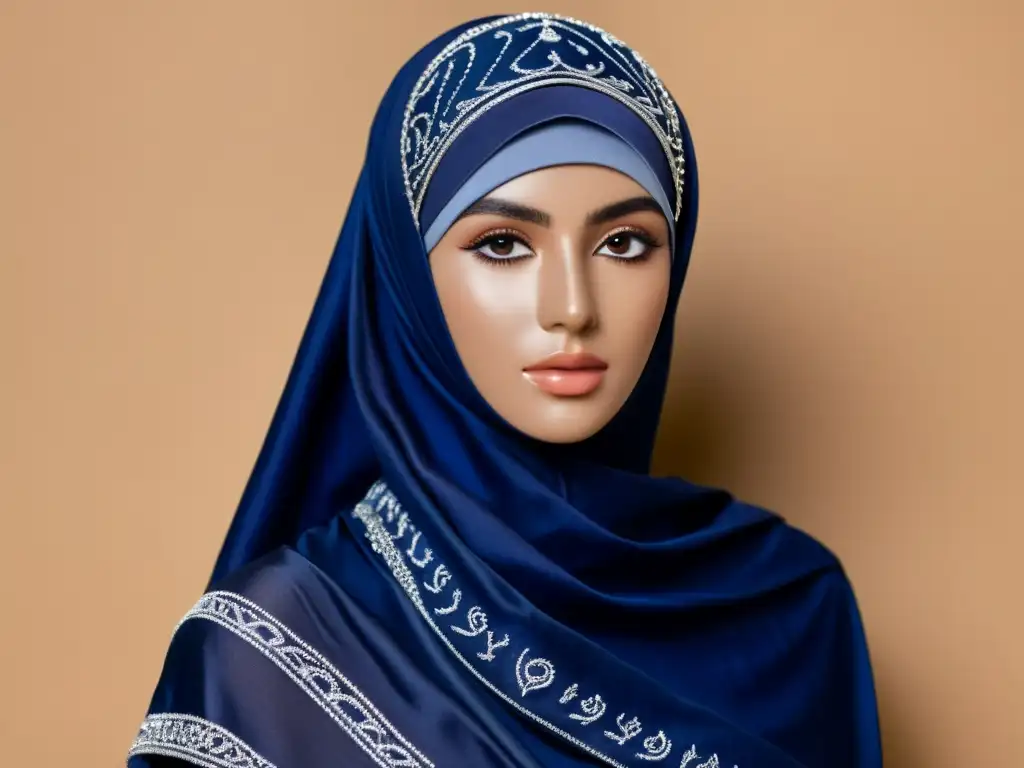 Un hijab azul índigo bordado con hilo plateado, símbolos espirituales y significado colores vestimenta tradicional musulmana