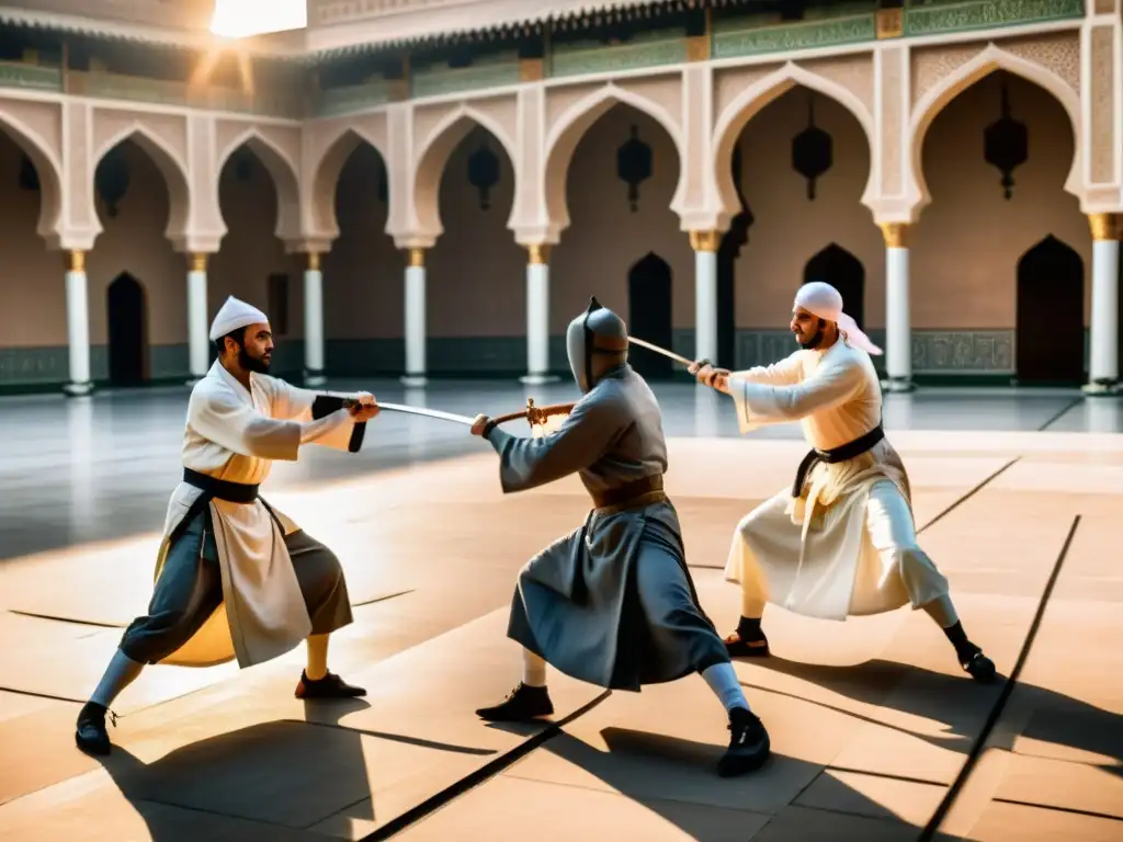 Historia esgrima Islam: Hábiles espadachines en duelo al atardecer, demostrando técnicas de esgrima islámica en majestuoso patio de mezquita