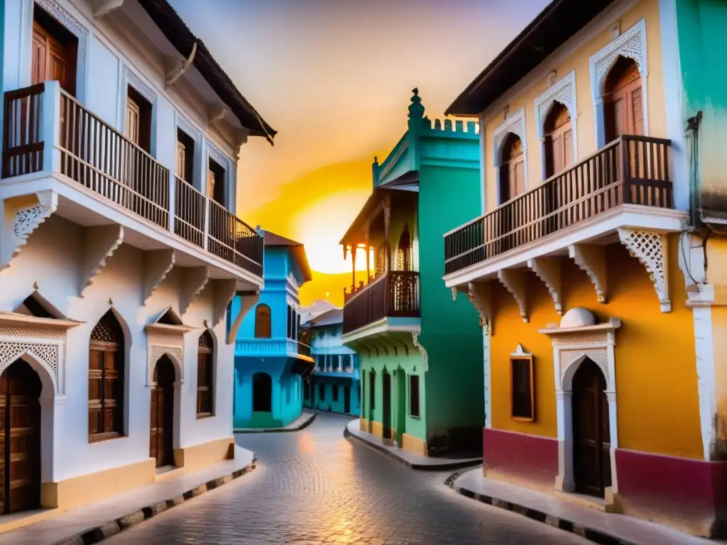 Historia islámica en Zanzíbar: atardecer deslumbrante sobre Stone Town, con detalles arquitectónicos y luz dorada