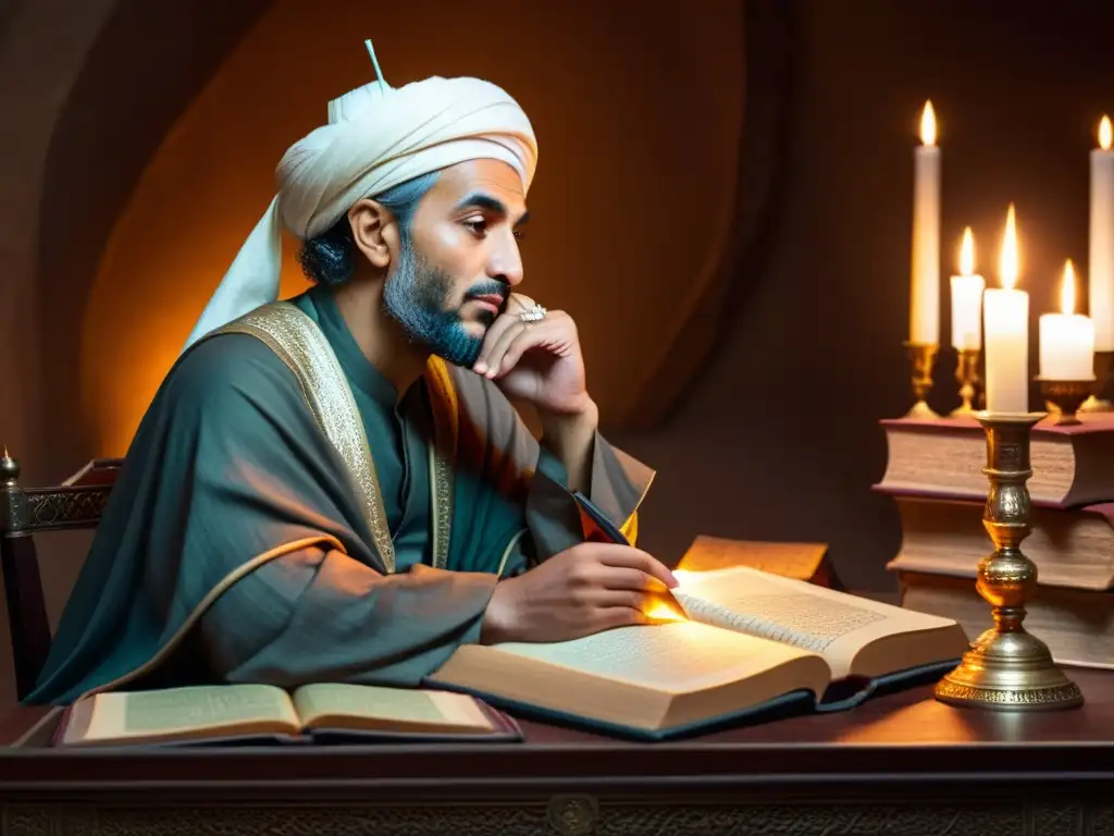 Ibn Khaldun, figura histórica, reflexiona en su estudio rodeado de libros antiguos