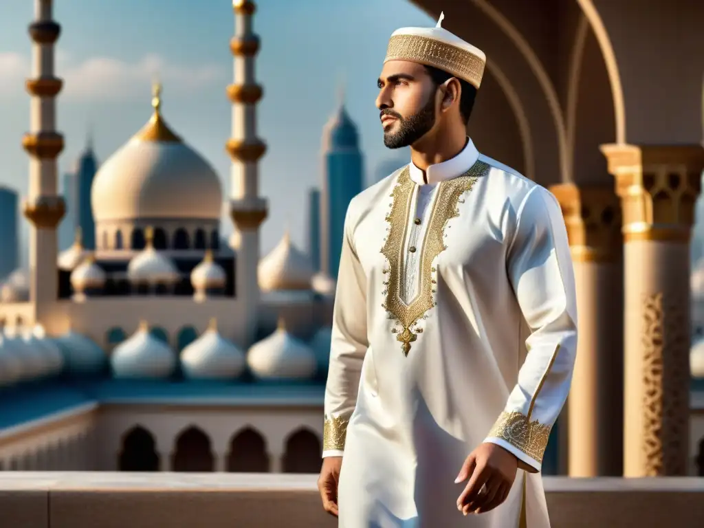 Un hombre elegante viste un thobe islámico tradicional con un trasfondo urbano moderno