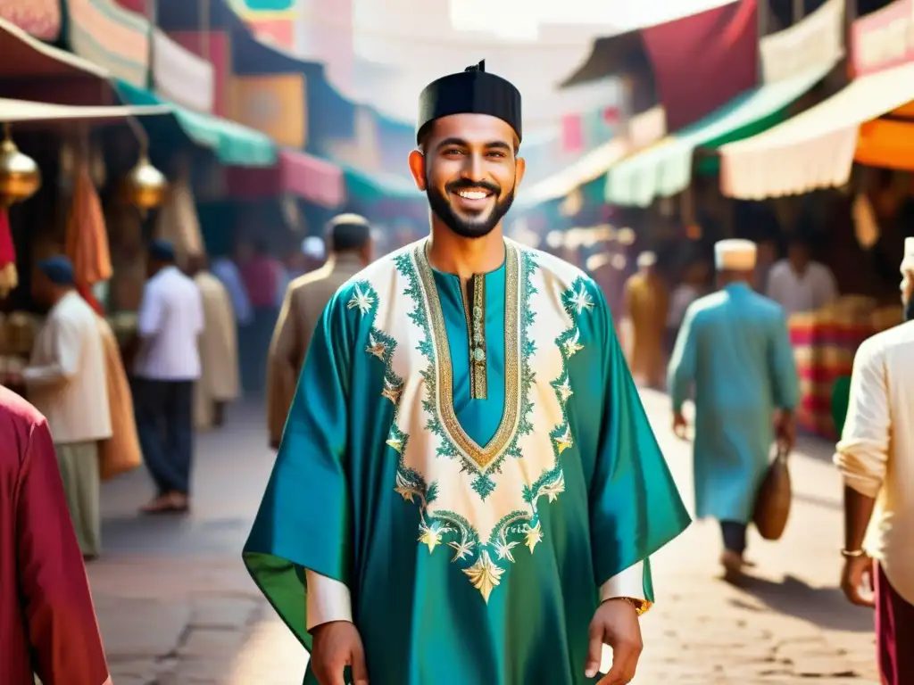 Kaftan islámico en mercado vibrante Un hombre islámico viste un kaftán bellamente bordado en un bullicioso mercado, irradiando elegancia y confianza