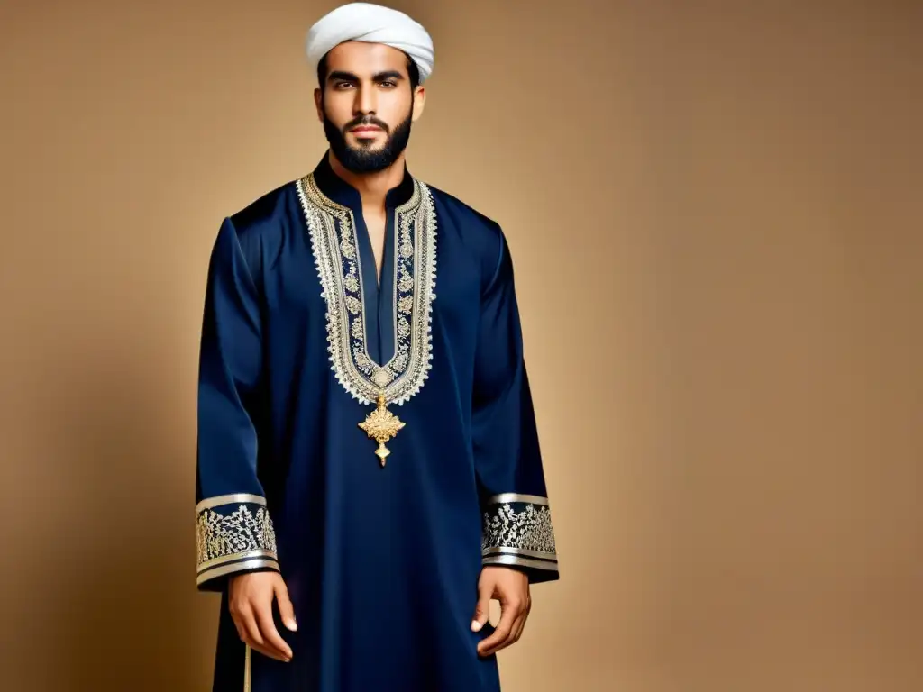 Modelo masculino en jalabiya y turbante islámicos Un hombre viste un jalabiya islámico con bordados dorados y plateados, complementado con un turbante y sandalias