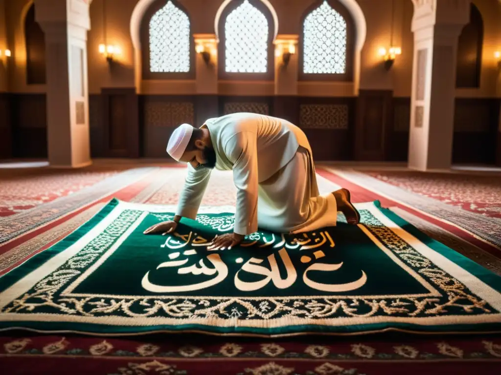 Un hombre musulmán contemporáneo en oración al Isha, transmitiendo paz y devoción en una habitación iluminada con caligrafía islámica