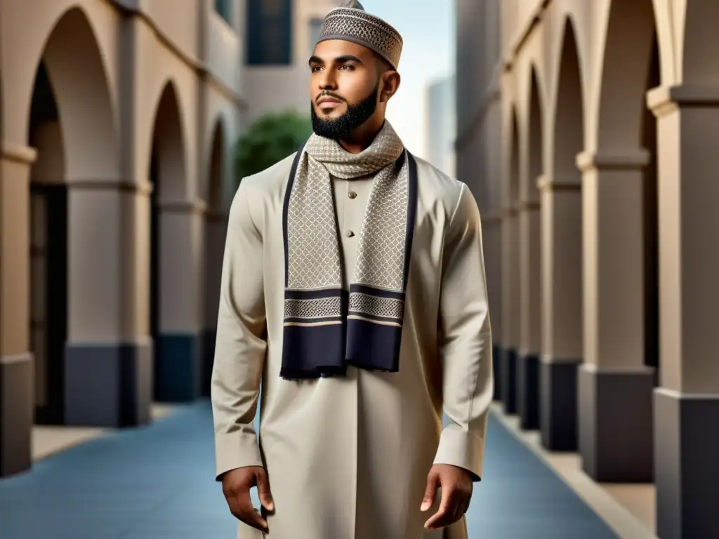 Un hombre musulmán moderno y elegante viste una thobe a medida en tono neutro, complementado con un kufi a juego y una elegante bufanda estampada