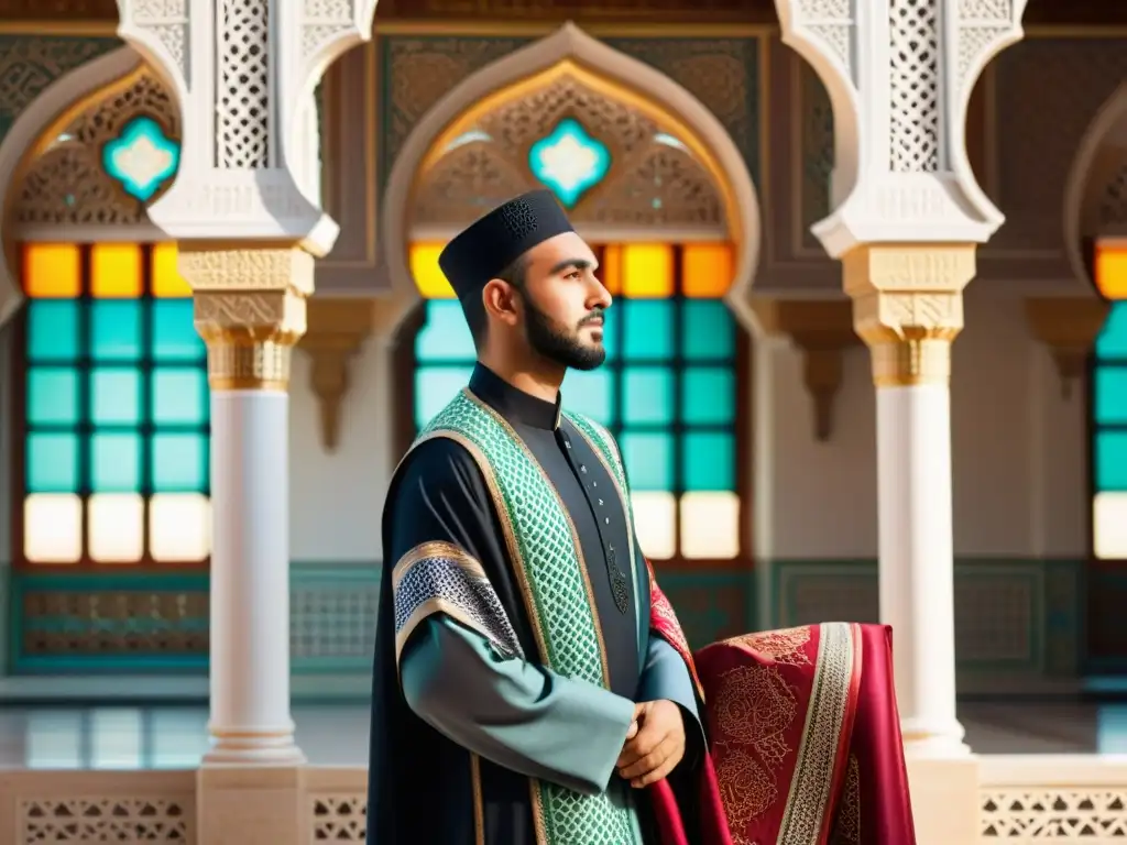 Retrato realista de hombre musulmán en vestimenta tradicional, frente a una mezquita histórica Un hombre musulmán viste un jalabiya y keffiyeh tradicionales frente a una mezquita histórica