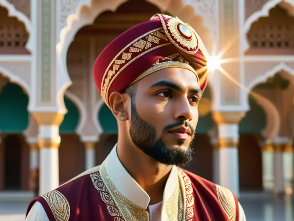 Un hombre musulmán con un turbante ricamente decorado, contemplando la arquitectura de una mezquita iluminada por los rayos del sol