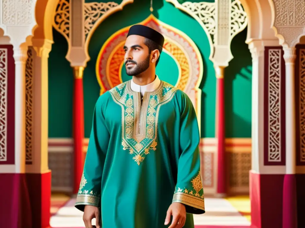 Retrato fotorealista de un hombre con jalabiya islámica Un hombre luce con orgullo un jalabiya islámico, resaltando su rica textura y elegancia