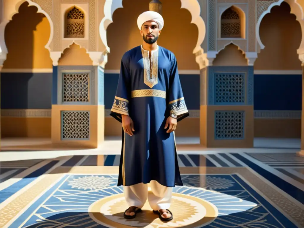Elegancia islámica en un patio soleado Un hombre con vestuario tradicional masculino islámico en un patio soleado con patrones geométricos