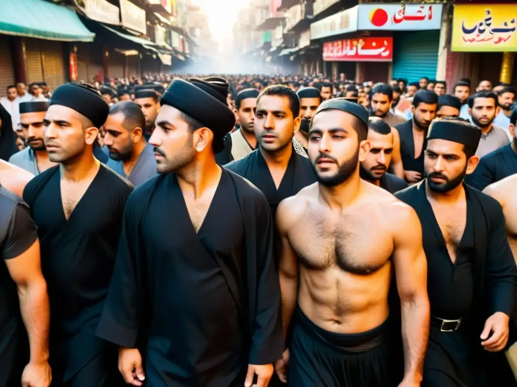 Hombres musulmanes chiítas en procesión de la festividad Ashura, visten de negro y se golpean el pecho en señal de luto y remembranza